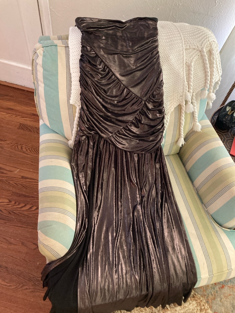 Vici Metallic Charcoal Ruched Strapless Evening Dress
